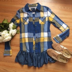 Plaid flannel button up ruffle top
